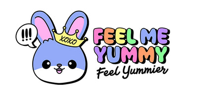 A kawaii super cute bunny character wearing a crown with the word "FEEL ME YUMMY" as a horizontal kawaii logo for an online kawaii kitchenware gift shop
