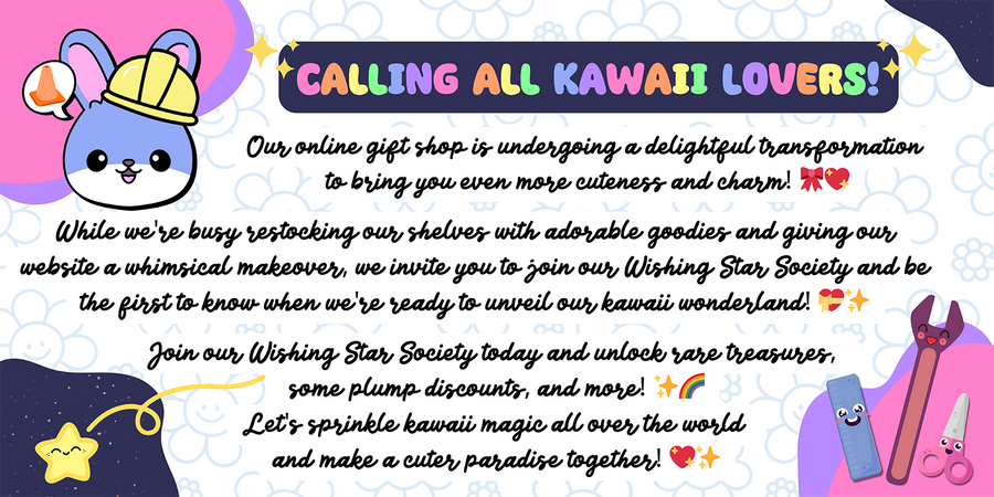 A cute kawaii notification about website maintenance and renovation with cute kawaii tool characters, stars, and kawaii logo with a cute construction hat. All text is created with adorable fonts in kawaii pastel colors.  